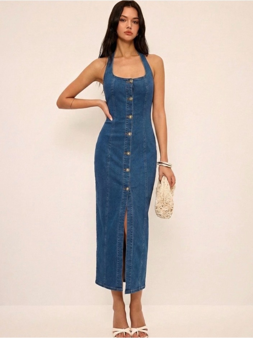 Commense Denim Blue Button-Front Halter Maxi Dress
